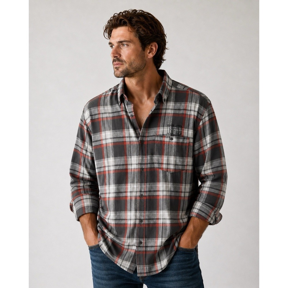 Harley Davidson Motorclothes Grey/Red Plaid Button-Up Long Sleeve Sz. 2XL